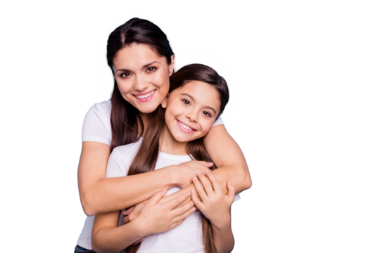 Close up photo amazing pretty two people brown haired mum mom small little daughter stand hugging piggy back lovely free time rejoice wearing white t-shirts isolated on bright blue background