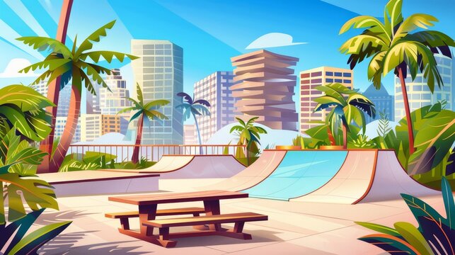 Modern cartoon cityscape with skateboard track, picnic table, wooden bench and palm trees. Playground for extreme sports.
