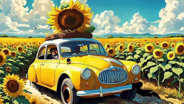 A yellow car with a person driving on a dirt road with sunflowers