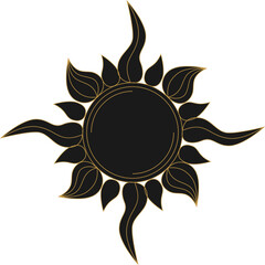 Mystical sticker with golden sun, magical crescents and stars. Sketch tattoo in boho style on a black background. Label with moons and occult symbols