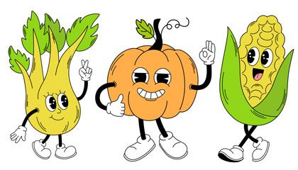 Groovy vegetables set. Hand draw Funny Retro vintage trendy style vegetables cartoon character. Celery, corn, pumpkin. Vector doodle comic collection