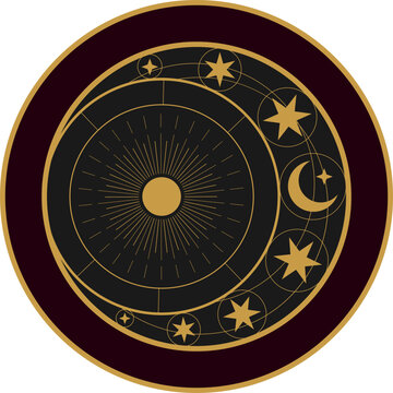 Mystical sticker with golden sun, magical crescents and stars. Sketch tattoo in boho style on a black background. Label with moons and occult symbols