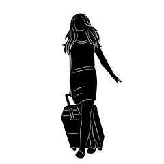 woman walking with suitcase silhouette on white background vector