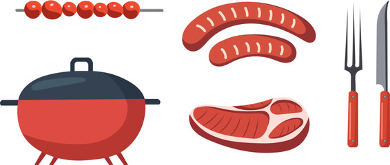 grill, steak, sausages in flat style on white background vector