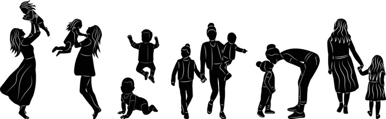 mom plays with children silhouette set on white background vector