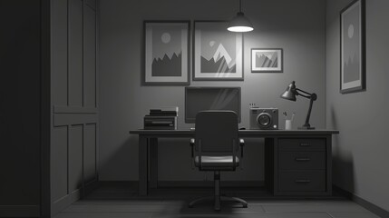 Office and home interior design with a desk, chair and computer on a table. Monochrome color design with picture frames and posters hanging on the wall. Realistic 3D modern illustration.