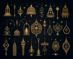 Ramadan Kareem Border, Islamic art Style Background. Symbols of Ramadan Mubarak, Hanging Gold Lanterns, arabic lamps, lanterns moon, star vector and illustration