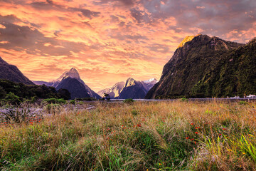 Stunning sunset over Milford Sound, New Zealand