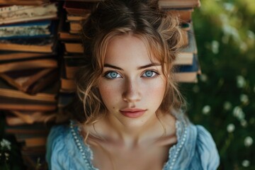 Obraz premium Woman in Blue Dress With Stack of Books