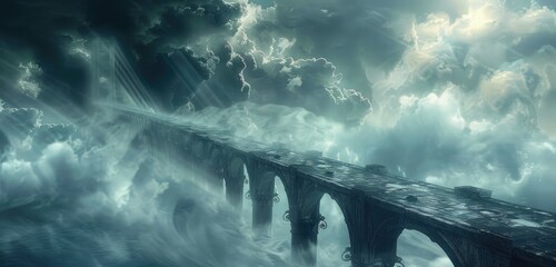 A bridge shrouded in mist, its pillars disappearing into the clouds, hinting at mysteries beyond. - obrazy, fototapety, plakaty