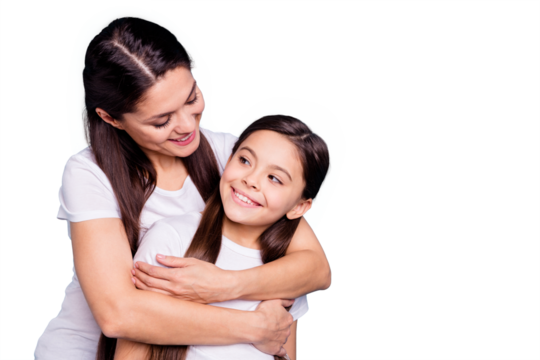 Close up photo pretty two people brown haired mum small little daughter missed glad see each other stand hugging piggy back nice rejoice wearing white t-shirts isolated on bright blue background