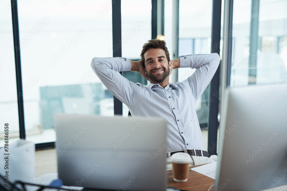 Poster portrait, business and man at desk, relax and stretching with break and peaceful with success. face,