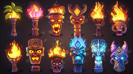 Fototapeta na wymiar Hawaiian or Polynesian masks and torches, tribal totems, scary faces with painted teeth isolated on dark background. Cartoon modern icons.