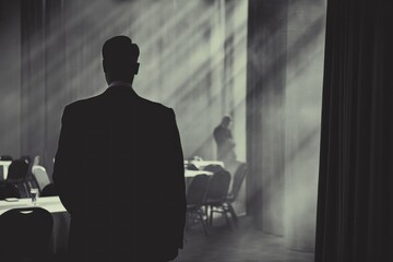 Man Standing in Front of Window in Dark Room