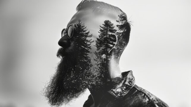 Black and white portrait of a bearded man in sunglasses, with a stylish haircut. Image created with multiple exposures. Forest landscape is in the dark areas.
