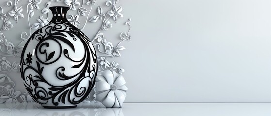 Black and white vase with a floral pattern. White background with a 3D floral pattern.