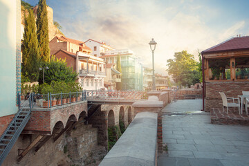 Spectacular landscape of historical Tbilisi street on the background of sunset sky