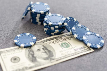 Small Stack of Blue Poker Chips, closeup on background