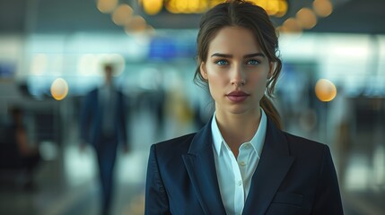 Pretty stewardess posing in airport terminal. Generated AI - obrazy, fototapety, plakaty