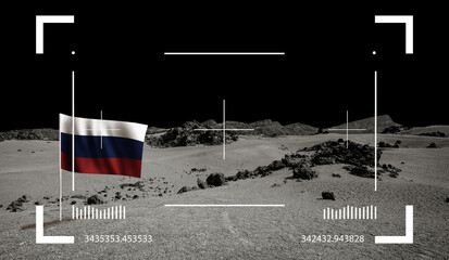 Desert Moon landscape, black sky and Russian flag through viewfinder. Cosmic scene background