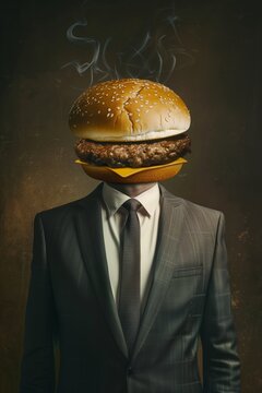 Naklejki Man in suit with tasty burger instead of his head on dark background