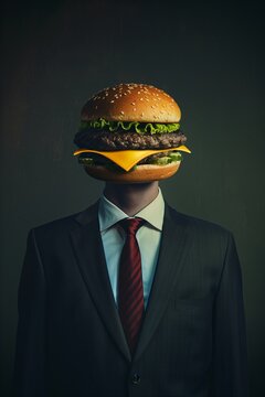 Naklejki Man in suit with tasty burger instead of his head on dark background