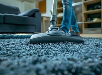 Young Man Wearing Blue in front of a layered carpet with a vacuum cleaner closeup - obrazy, fototapety, plakaty