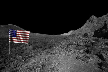 USA flag on empty planet landscape, dark lunar background
