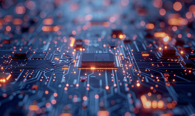 Computer cpu processor chip on circuit board, motherboard background. Close-up. AI Generated