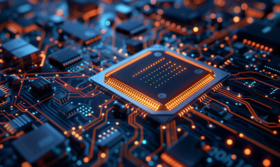 Computer cpu processor chip on circuit board, motherboard background. Close-up. AI Generated