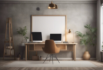 Mockup frame in home office interior background mid-century modern style in loft 3d render