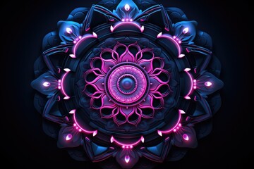 Manadala in cyberpunk style with pink and blue neon lights .Digital 3D mandala background.Geometric Neon Shapes, Symmetrical Flower Abstract, Colorful Light.