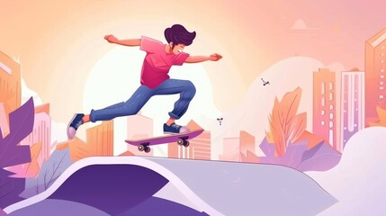 An illustration of a teenage skateboarder doing stunts on a rollerdrome's pipe ramps. Extreme sports, graffiti, young urban culture and teen street activity, modern web banner.