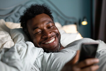 Happy African-American man using smartphone in bed