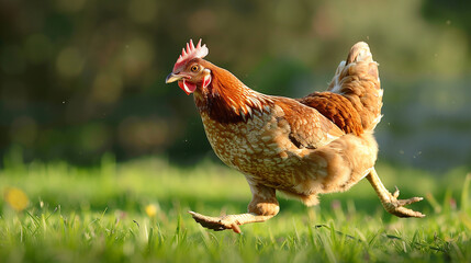 A chicken is running through a field of grass. The chicken is brown and white. The grass is green and lush - obrazy, fototapety, plakaty