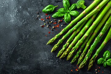 A succulent bunch of uncooked asparagus, a healthy spring vegetable tied with string. - obrazy, fototapety, plakaty