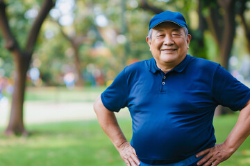 Fototapeta premium Smiling elderly man in blue in park