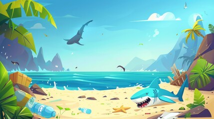 This cartoon illustration depicts a filthy ocean beach with trash and a scared shark in the water. A concept of ecological problems and ocean pollution is shown in the tropical sea.