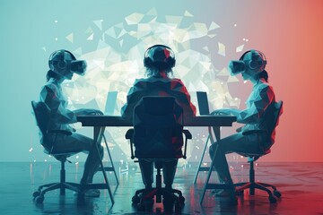 Three People Sitting at a Table Wearing Virtual Headsets