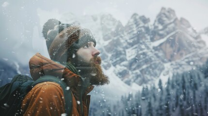 Styled bearded traveler looking into the distance. A gorgeous mountain landscape backdrop creates a vintage feel.