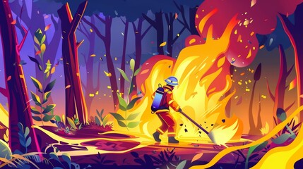 The firefighter extinguishes the wildfire in the forest, the flames are raging in the night. Wild nature disaster, blazing trees landscape, ecological hazard Cartoon modern scene.