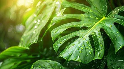 Obraz premium Close-up lush green monstera leaves adorned with rain or dew drops in a tropical wood. 