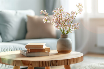 Modernes Interieur, runder Holztisch mit Büchern und einer Vase im Vordergrund, graues Sofa vor einem Fenster mit Frühlingsblumen, unscharfer Hintergrund eines modernen Wohnzimmers, Wohnkultur Konzept