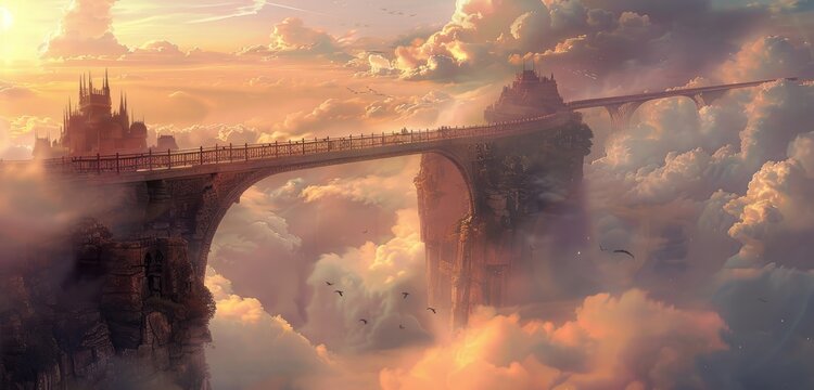 A bridge of dreams emerging from a sea of clouds, beckoning travelers to surreal realms.