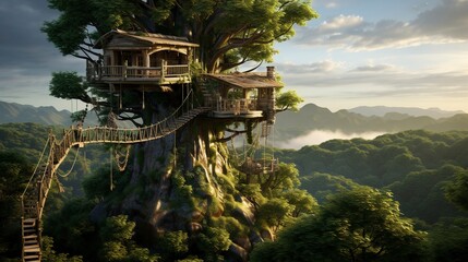 A photo of a Treehouse Blending into Natural Setting - obrazy, fototapety, plakaty