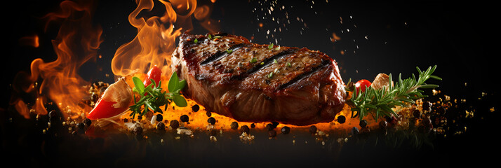 Hot grilled meat with fire, smoke and spices BBQ steaks with fresh herbs and tomatoes on black background 