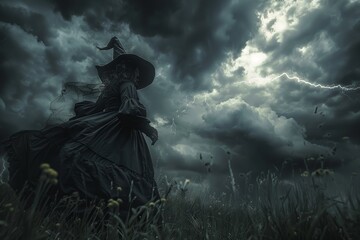 A witch is standing in a field with a lightning bolt in the air - obrazy, fototapety, plakaty