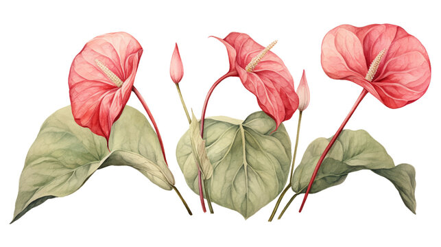 Watercolor illustration of an anthurium flower botanical isolated on white background