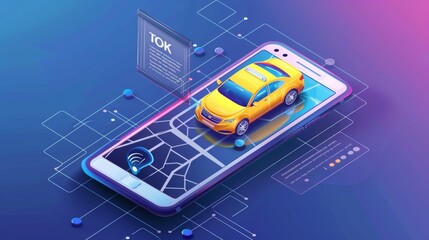 Banner for an online taxi service with an isometric illustration of a yellow car on a smartphone screen with a map. - obrazy, fototapety, plakaty