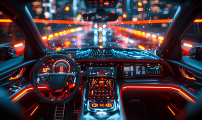 Futuristic autonomous car interior mockup: hologram HUD dashboard, wide infotainment displays, AI driving concept, vehicle technology